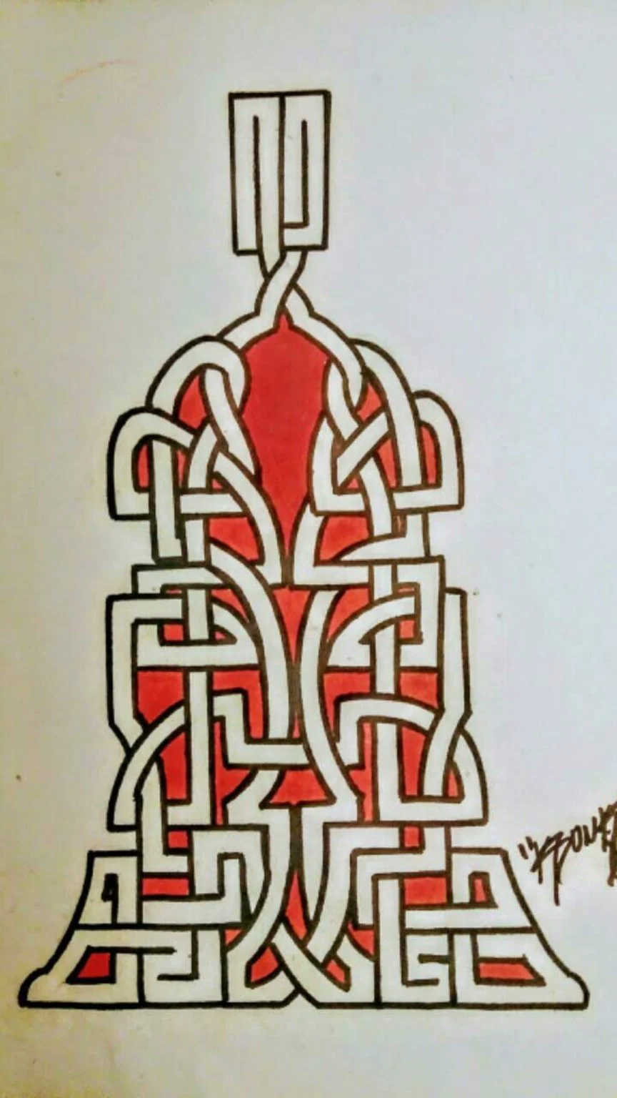 Original hand-drawn red and black interwoven emblem
