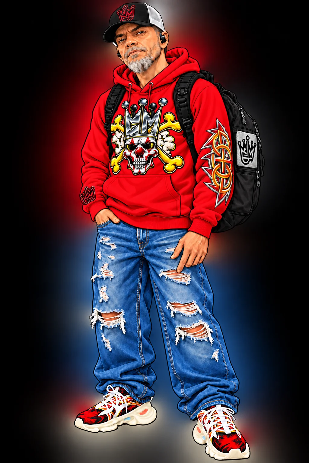 Red CM hoodie graphic and sleeve emblem