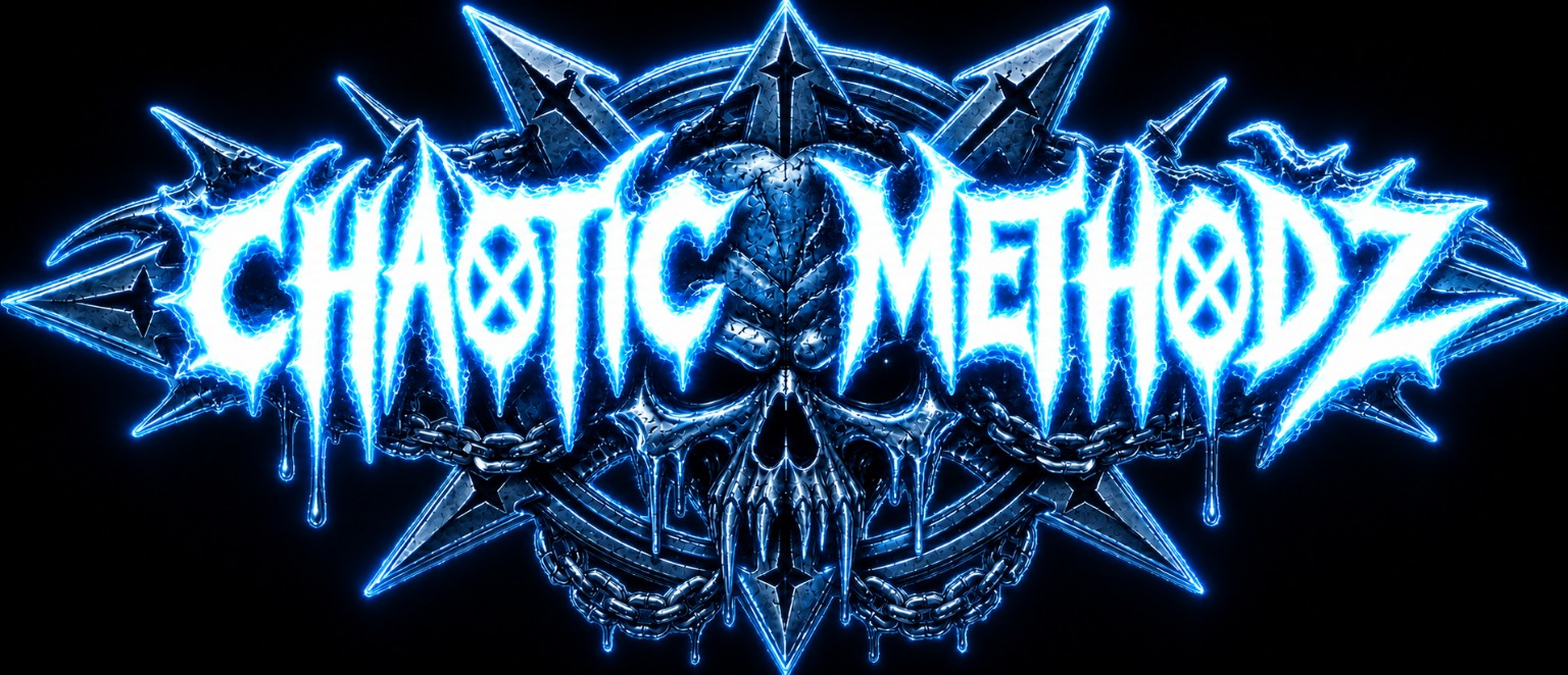 Chaotic Methodz blue glowing skull wordmark